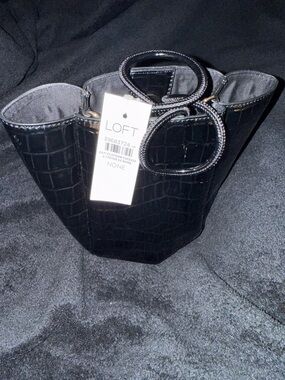 LOFT Black Croc-Embossed Mini Tote with Top Handles Black